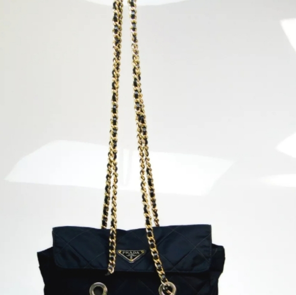 PRADA Gold Chain Bag Shoulder Bag 100% Authentic Navy Blue Crossbody Bag Tote - Picture 2 of 16